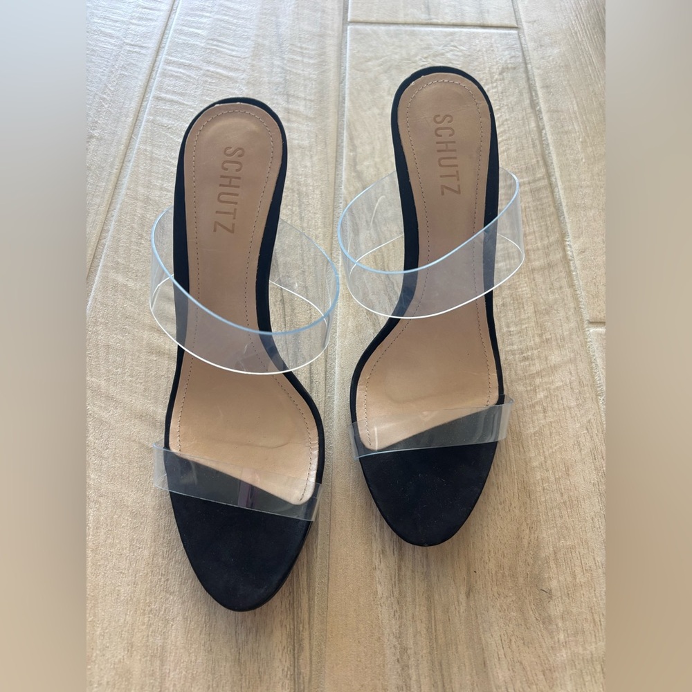 SCHUTZ Black and Transparent Strap Stiletto Heels